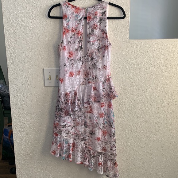 BEBE ROMANTIC LACE ASYMMETRIC RUFFLE DRESS - Picture 7 of 7